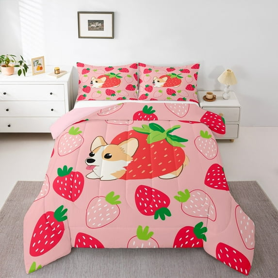 Manfei Kawaii Dog Corgi Comforter Sets Queen Size,Red Strawberry Comforters & Duvets,Cartoon Pet Animal Bedding Queen Comforter Set For Girl,Breathable Room Decoration Reversible,3-Piece