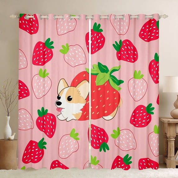 Manfei Kawaii Dog Corgi Curtains for Living Room,Red Strawberry Blackout Curtains Set of 2 (52x84),Cartoon Pet Animal Curtains and Drapes (52x84) For Girl,Breathable Room Decoration