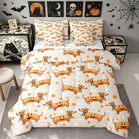 Manfei Kawaii Dog King Bedding, Halloween Pumpkin Dachshund King Bed in a Bag, Orange, Stars Reversible, 7pcs