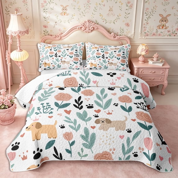 Manfei Kawaii Dog Quilt King 3 Pieces,Floral Animal King Coverlet Set,1 Bedspread and 2 Pillowcases