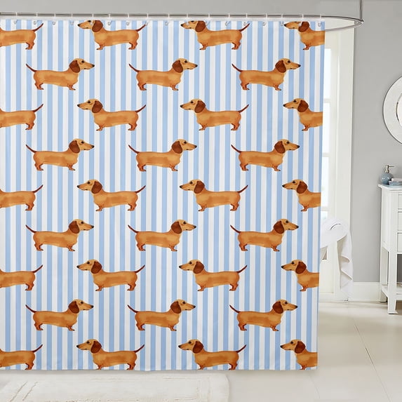Manfei Kawaii Dog Shower Curtain 72Wx84L, Dachshund Lover Bathroom Shower Curtain, Light Blue White