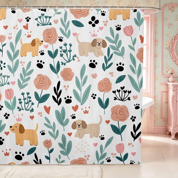 Manfei Kawaii Dog Shower Curtain 72Wx84L,Floral Animal Bathroom Shower Curtain