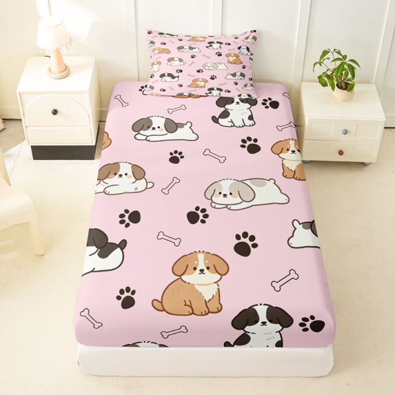 Manfei Kawaii Dog Twin Fitted Sheet, Puppy Paw Print Bedding, Pink, 2pcs, 1 Fitted Sheet and 1 Pillowcase