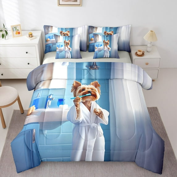 Manfei Kawaii Dogs 7-Piece Twin Bedding Sets,Pet Lover Bedding Comforter Set,Blue White Sheet Sets For Boys Kids,Luxury Bedroom Decor Reversible