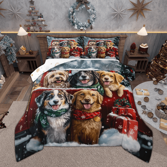 Manfei Kawaii Dogs Bedding Comforter Set for Kids, Merry Xmas Twin Comforter Sets, Christmas Pet Animal Bedding Set, Ultra Soft Home Decor, Reversible 2pcs