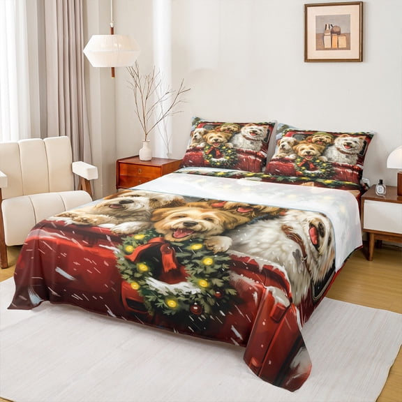 Manfei Kawaii Dogs Twin Sheet Sets 3 Pieces for Kids, Merry Xmas Twin Fitted Sheet, Christmas Pet Animal Flat Sheet, Lightweight Room Decor