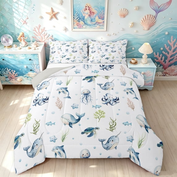 Manfei Kawaii Dolphin King Size Comforter Sets, Sea Cartoon Jellyfish Comforters King Size, Blue, Gray Reversible, 3 Pieces, 1 Comforter and 2 Pillowcases