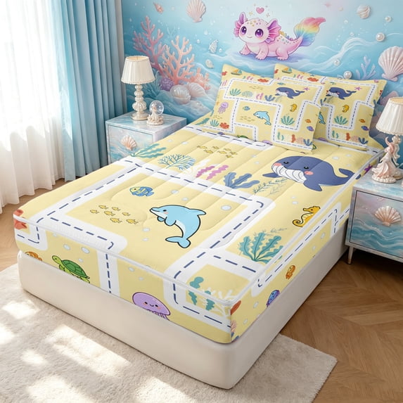 Manfei Kawaii Dolphin Zipper Twin Comforter Sets with Fitted Sheet and 2 Pillowcases, Sea Underwater World Zipper Bedding Set, Yellow, Polkadot Reversible, 4pcs