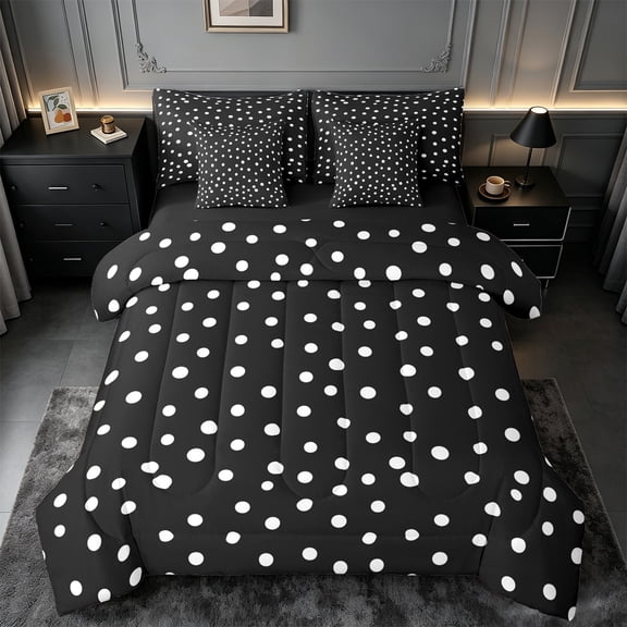 Manfei Kawaii Dot Pattern 7-Piece Bedding Comforter Set,French Wave Point King Bedding Sets,Kids White Black Bed Sheets,Super Cozy Room Decor Reversible