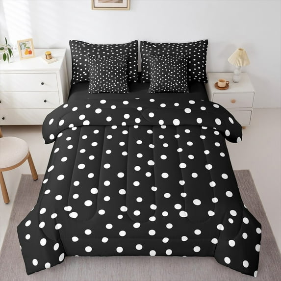 Manfei Kawaii Dot Pattern 7-Piece Bedding Comforter Set,French Wave Point King Bedding Sets,Kids White Black Bed Sheets,Super Cozy Room Decor Reversible