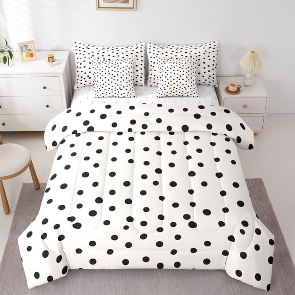 Manfei Kawaii Dot Pattern 7pcs Bedding Comforter Set,French Wave Point Queen Bedding Sets,Kids Black Beige Queen Sheet Sets,Super Cozy Room Decor Reversible