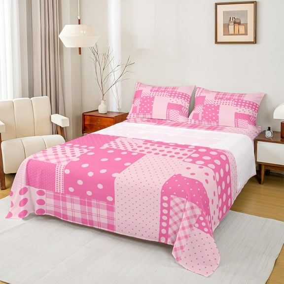 Manfei Kawaii Dot Pattern Bed Sheets,Wave Point King Sheets,Pink Geometric Grid Sheet Set For Girl,Super Cozy Room Decor,4pcs