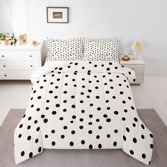 Manfei Kawaii Dot Pattern Full Size Comforter Sets,French Wave Point Bedding Comforter Set,Kids Black Beige Bedding Sets,Super Cozy Room Decor Reversible,3-Piece