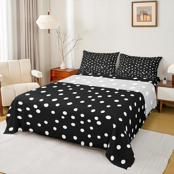 Manfei Kawaii Dot Pattern Queen Sheet Sets,French Wave Point Flat Sheet,Kids White Black Queen Fitted Sheet,Super Cozy Room Decor,4pcs