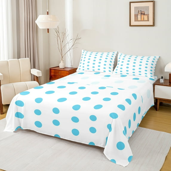 Manfei Kawaii Dot Pattern Queen Sheet Sets,Wave Point Flat Sheet,Kids White Blue Queen Fitted Sheet For Teens,Super Cozy Room Decor,4-Piece