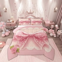 Manfei Kawaii Dot Ribbon Bedding Comforter Set for Teens, Pink Rose Floral Twin Comforter Sets, Cartoon Princess Reversible Bedding Set, Ultra Soft Home Decor, 2pcs