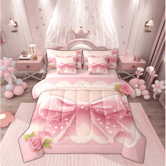Manfei Kawaii Dot Ribbon Twin Bedding Sets 7-Piece for Teens, Pink Rose Floral Bedding Comforter Set, Cartoon Princess Reversible Sheet Sets, Ultra Soft Home Decor