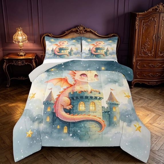 Manfei Kawaii Dragon Animals King Size Comforter Sets,Fantasy Cloud Starry Sky Comforters King Size,Blue Yellow,Light Gray Reversible,3pcs,1 Comforter and 2 Pillowcases