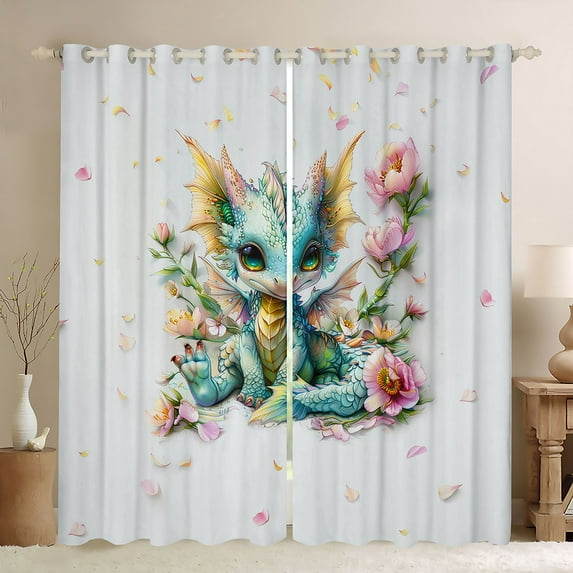 Manfei Kawaii Dragon Curtains Pack of 2 (42x84 Each),Cute Wild Animal Curtains Blackout,Colorful Floral Blossom Bedroom Curtains For Boys Teens,Ultra Soft Home Decor