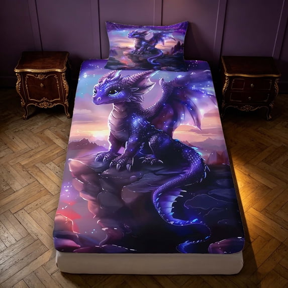 Manfei Kawaii Dragon Wildlife Twin Fitted Sheet,Fantasy Starry Sky Bedding,Blue Pink,2pcs,1 Fitted Sheet and 1 Pillowcase