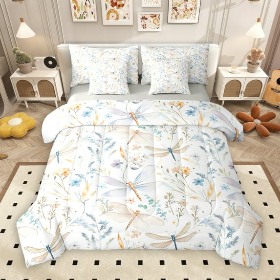 Manfei Kawaii Dragonfly 7pcs Bedding Comforter Set,Colorful Country Floral Queen Bedding Sets,White Beige Blue Queen Sheet Sets For Girl Teens,Luxury Bedroom Decor Reversible