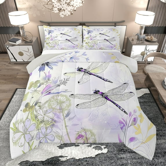 Manfei Kawaii Dragonfly Full Size Comforter Sets,Colorful Country Floral Bedding Comforter Set,White Purple Bedding Sets For Girl Teens,Luxury Bedroom Decor Reversible,3pcs