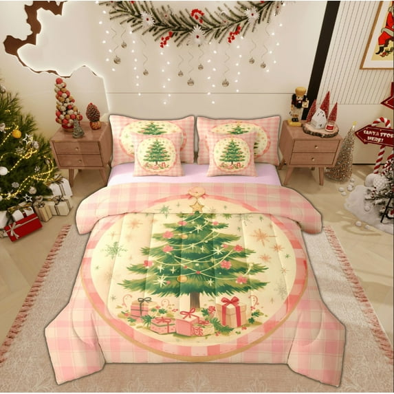 Manfei Kawaii Dreamy Tree Bedding Comforter Set 7pcs, Winter Christmas Queen Bedding Sets, Vintage Pink Plaid Reversible Queen Sheet Sets, Breathable Home Decor