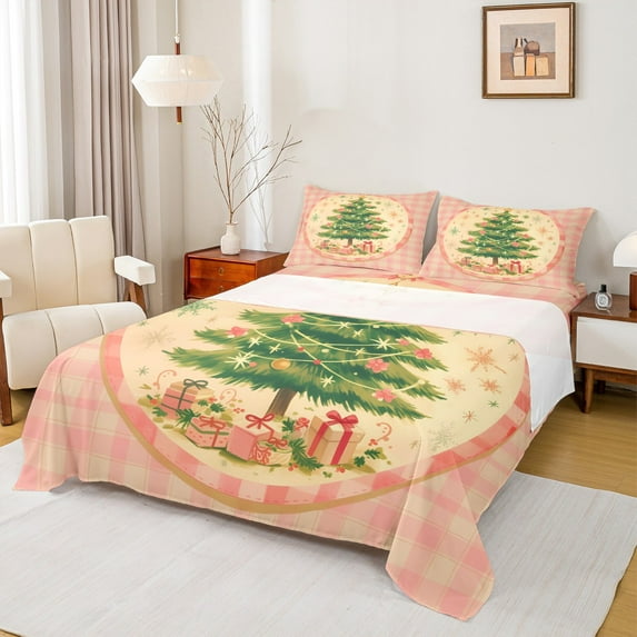 Manfei Kawaii Dreamy Tree Twin Sheet Sets, Winter Christmas Twin Fitted Sheet, Vintage Pink Plaid Flat Sheet, Breathable Home Decor, 3pcs
