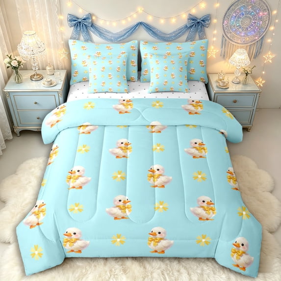 Manfei Kawaii Duck Bedding Comforter Set 7pcs for Kids Girls Boys,Cute Animal Bowknot Queen Bedding Sets,Microfiber Bedroom Decor