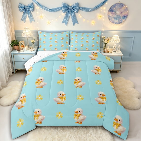 Manfei Kawaii Duck Full Size Comforter Sets 3 Pieces for Kids Girls Boys,Cute Animal Bowknot Bedding Sets,Microfiber Bedroom Decor