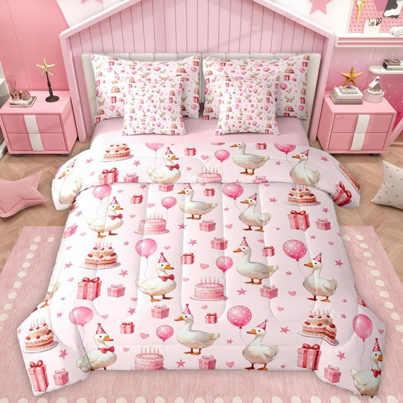 Manfei Kawaii Duck Goose Bedding Comforter Set 7pcs, Happy Birthday Party Queen Bedding Sets, Girly Pink Cartoon Christmas Reversible Queen Sheet Sets, Microfiber Bedroom Decor