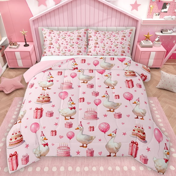 Manfei Kawaii Duck Goose Full Size Comforter Sets, Happy Birthday Party Bedding Comforter Set, Girly Pink Cartoon Christmas Reversible Bedding Sets, Microfiber Bedroom Decor, 3-Piece