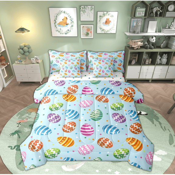 Manfei Kawaii Easter Egg Bedding Comforter Set 7pcs, Colorful Polka Dots Queen Bedding Sets, Teens Boys Girls Kids Reversible Queen Sheet Sets, Super Cozy Room Decor