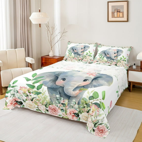 Manfei Kawaii Elephant 3pcs Twin Sheet Sets,Pink Flower Twin Fitted Sheet,Floral Animal Breathable Flat Sheet,Cartoon Room Decor