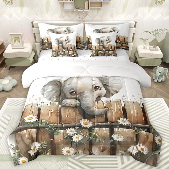 Manfei Kawaii Elephant Animal Bedding Comforter Set 7pcs for Teens, Rustic Lodge Cabin Queen Bedding Sets, Countryside Theme Reversible Queen Sheet Sets, Microfiber Bedroom Decor