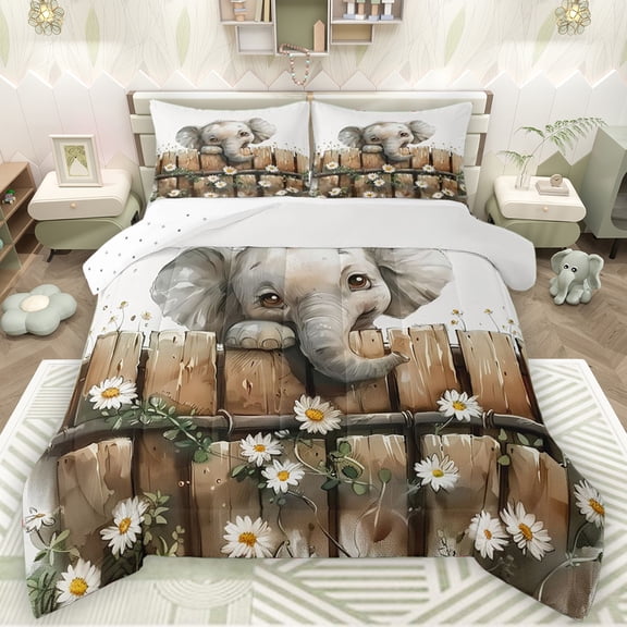 Manfei Kawaii Elephant Animal Queen Comforter Set for Teens, Rustic Lodge Cabin Bedding Sets, Countryside Theme Reversible Bedding Comforter Set, Microfiber Bedroom Decor, 3-Piece