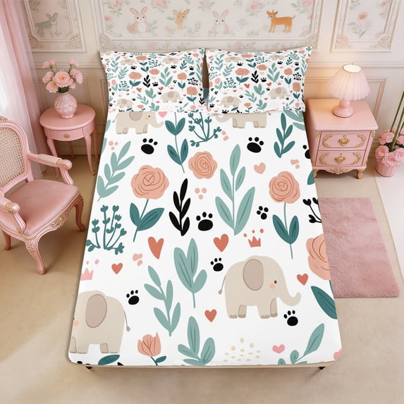 Manfei Kawaii Elephant Fitted Sheet Full 3 Pieces,Floral Animal Bed Set,1 Fitted Sheet and 2 Pillowcases
