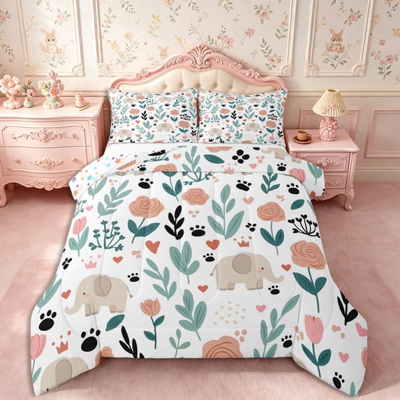 Manfei Kawaii Elephant King Size Comforter Sets 3pcs,Floral Animal Comforters King Size,1 Comforter and 2 Pillowcases,Reversible