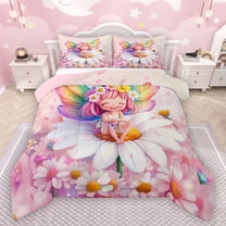 Manfei Kawaii Elf Bedding Comforter Set,Cute Daisy Floral Twin Comforter Sets,Colorful Cartoon Wings Bedding Set For Kids,Breathable Home Decor Reversible,2pcs