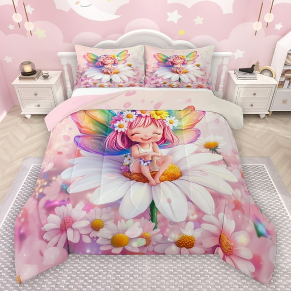 Manfei Kawaii Elf Bedding Comforter Set,Cute Daisy Floral Twin Comforter Sets,Colorful Cartoon Wings Bedding Set For Kids,Breathable Home Decor Reversible,2pcs