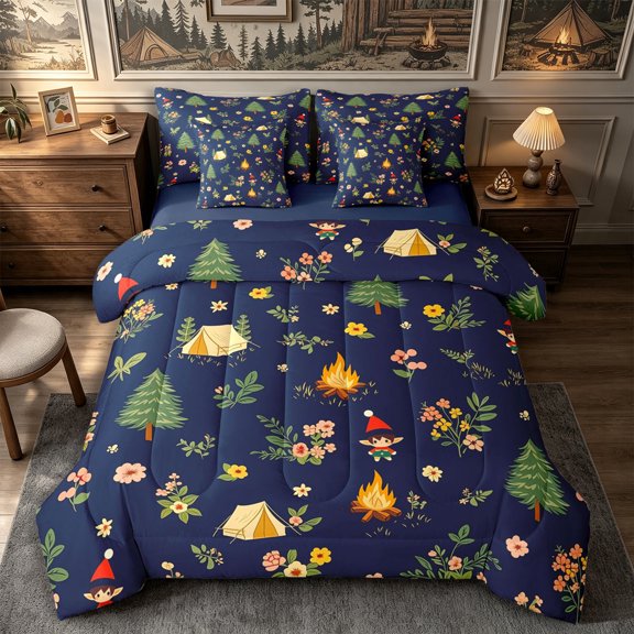 Manfei Kawaii Elf Flowers Full Size Bedding Sets 7 Pieces,Happy Camping Full Size Bed in a Bag,Dark Blue Green