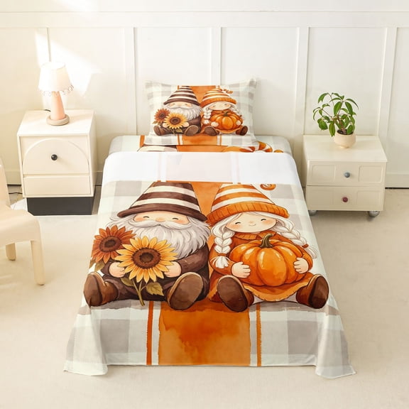 Manfei Kawaii Fall Gnome Couple Twin Sheets for Girls, Brown Autumn Sunflower Plaid Bedding, 3-Piece, 1 Flat Sheet, 1 Fitted Sheet and 1 Pillowcase