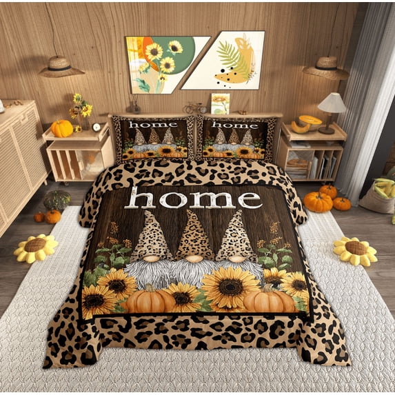 Manfei Kawaii Fall Gnome Full Size Comforter Sets, Brown Leopard Cheetah Print Bedding Comforter Set, Autumn Sunflower Bedding Sets, Microfiber Bedroom Decor, 3pcs