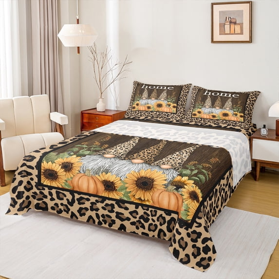 Manfei Kawaii Fall Gnome Full Size Sheets, Brown Leopard Cheetah Print Bed Sheets, Autumn Sunflower Sheet Sets, Microfiber Bedroom Decor, 4pcs