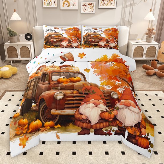 Manfei Kawaii Fall Gnome Queen Comforter Set, Happy Autumn Harvest Bedding Sets, Orange Pumpkin Reversible Bedding Comforter Set, Luxury Bedroom Decor, 3 Pieces