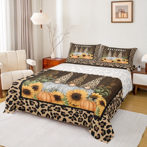 Manfei Kawaii Fall Gnome Queen Sheet Sets, Brown Leopard Cheetah Print Flat Sheet, Autumn Sunflower Queen Fitted Sheet, Microfiber Bedroom Decor, 4pcs