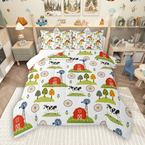 Manfei Kawaii Farm Animal Full Size Comforter Sets 3-Piece for Kids, Cartoon Cow Bedding Comforter Set, Rustic Lodge Cabin Windmill Bedding Sets, Ultra Soft Home Decor