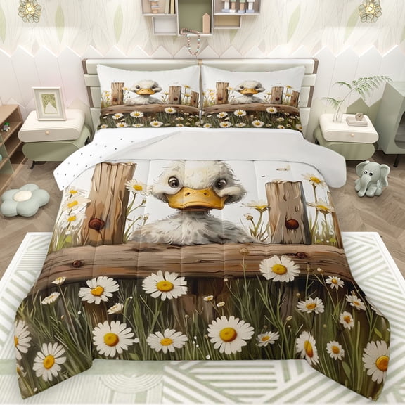 Manfei Kawaii Farm Duck Child Queen Comforter Set, Rustic Farmhouse Animal Bedding Sets, Western Groovy Floral Reversible Bedding Comforter Set, Breathable Home Decor, 3pcs