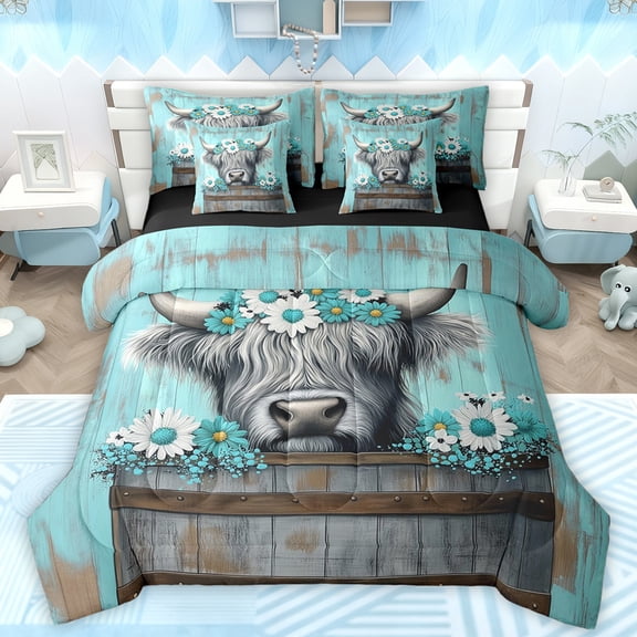 Manfei Kawaii Farmhouse Cow Bedding Comforter Set 7 Pieces, Cyan Western Flower Full Bedding Set, Countryside Animal Reversible Fitted Sheet Flat Sheet, Breathable Home Decor