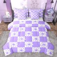 thumbnail image 1 of Manfei Kawaii Floral Blossom 7-Piece Bedding Comforter Set,Geometric Plaid Grid King Bedding Sets,White Purple Bed Sheets For Gitsl Kids,Super Cozy Room Decor Reversible, 1 of 8